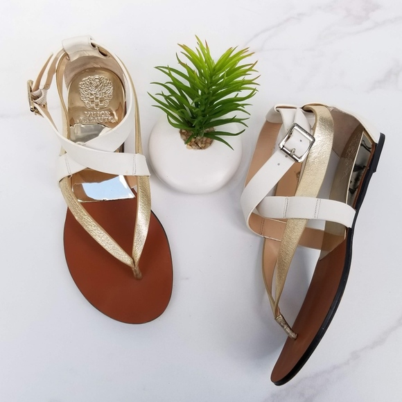Shoes - Vince Camuto Addney White Gold Leather Flat Sandal